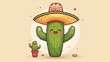 cartoon illustration of a cute Cactus character smiling cheerfully wearing a traditional sombrero hat.