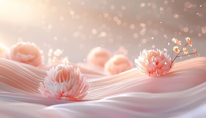 Wall Mural - 3d render of pink flowers on white silk background with bokeh