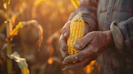 Canvas Print - Close up of farmer male hands holding corn in the cob. Organic food, harvesting and farming concept. 