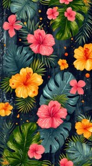 Wall Mural - Pink and yellow tropical watercolor flowers and leaves. Vertical floral illustration