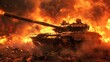 Dramatic 3D illustration of a battle tank burning on the battlefield