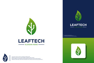 Wall Mural - leaf tech logo, with electric circuit concept, logo design inspiration.