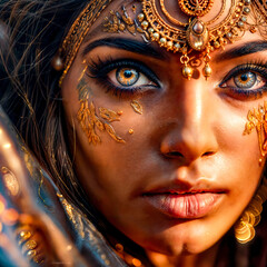 Wall Mural - Close up of woman with blue eyes and gold jewelry on her face.