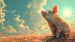 character cartoon illustration of a cute little pig observing a cloudy landscape in the midday sun