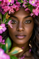 Wall Mural - Close up of woman with flowers in her hair and wreath of flowers on her head.