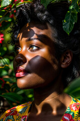 Wall Mural - Close up of woman's face with shadow on her face.