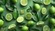 realistic fresh green lime banner concept with leaves on green background