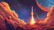 illustration of a cartoon fantasy image of a rocket launch. AI generated