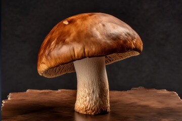 Close-up single mushroom resting o wooden table, showcasing its intricate gills and textured cap