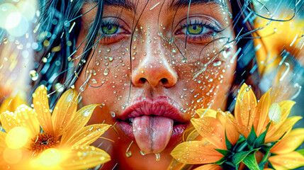 Wall Mural - Woman sticking her tongue out with water on her face and sunflowers around her.