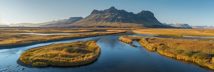 Wall Mural - Aerial view of a river estuary crossing the valley with mountain in background, Kirkjubaejarklaustur, Southern Region, Iceland realistic nature and landscape