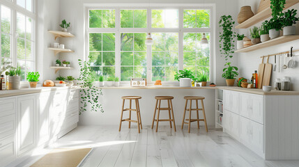 Wall Mural - A kitchen with a white counter and four wooden stools