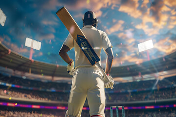 Back of cricket player holding cricket bat in stadium. 