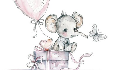 Poster -   A watercolor illustration of a baby elephant perched atop a gift container with a butterfly in proximity