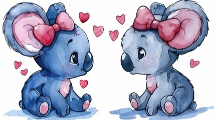 Sticker -   An adorable watercolor illustration of two baby elephants - one with a pink bow - charmingly posing together