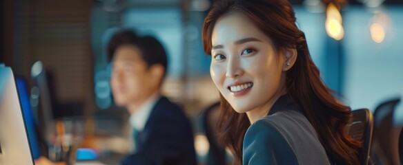 smiling Korean beautiful woman and man working in an office. generative AI