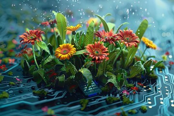 Poster - Illustration showing vibrant flowers blooming amidst the intricate pathways of a computer motherboard. Generative AI
