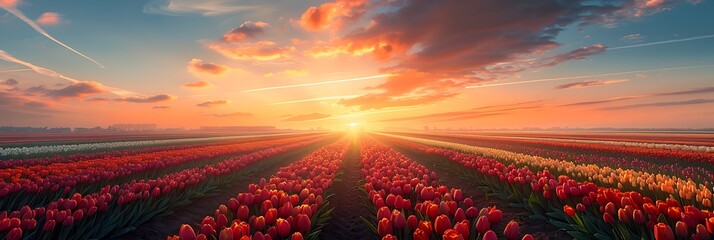 Aerial view of beautiful tulip fields at sunset in Lisse, Netherlands realistic nature and landscape