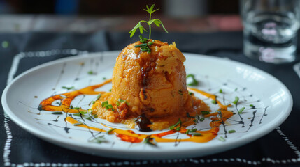 Wall Mural - Elegantly presented authentic angolan cuisine on a white plate with artistic sauce drizzle and fresh herb garnish