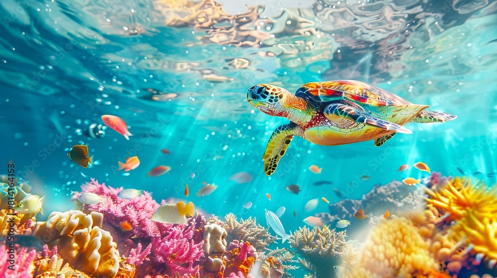 Sea turtle swimming in ocean waters with coral reefs. Beautiful turtle ...