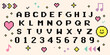 Pixel game font and elements set. 8-bit alphabet symbols, letters and numbers. Y2k. 90's aesthetics.  Oldschool retro nostalgic typeface. Vector illustration