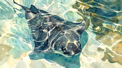 Wall Mural - Stingray gliding through clear shallow waters. Serene marine animal in its natural habitat. Concept of aquatic life, peace in nature, and ocean. Watercolor illustration. Aquarelle art