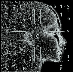Aufkleber - Silhouette of a human head made of binary code. Conceptual image of Artificial Intelligence, Virtual Reality, Deep Learning and Face recognition systems. Cyberpunk style vector illustration.