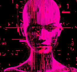 Aufkleber - Distorted silhouette of a bald pink human head. Conceptual image of facial recognition and anonymity systems. Pixel art style vector illustration.