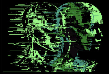 Aufkleber - Distorted silhouette of a bald human head. Conceptual image of facial recognition and anonymity systems. Pixel art style vector illustration.