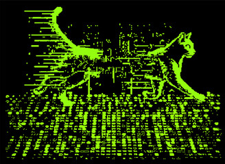 Poster - Pixel art futuristic style vector illustration of a cat silhoutte moving in and through visual noise and glitches. Concept of the virtual reality and computer simulation.