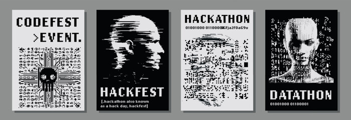 Poster - Set of retrofuturistic posters for hackathon (also known as a hack day, hackfest, datathon or codefest) event with set of 1-bit pixel art illustrations of human heads and glitched elements.