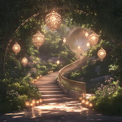 Wall Mural - Mystical Stone Stairway to the Sky with Luminous Lanterns and Serene Atmosphere