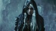 © anis rohayati - Mysterious white haired woman wearing a dark hoodie robe seriously wallpaper AI generated image