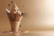 Chocolate milk splashing on chocolate ice cream cone, on a brown background, 3d render