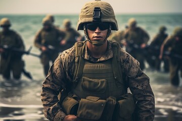 A man in a military uniform stands on a beach with other soldiers