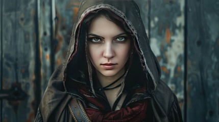 Wall Mural - Beautiful young girl model assassin in medieval clothes with hood wallpaper AI generated image