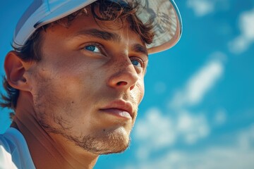 A professional male athlete is wearing a sports cap