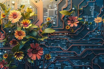 Poster - A surreal illustration featuring a computer motherboard intricately decorated with colorful flowers, merging technology and nature seamlessly. Generative AI