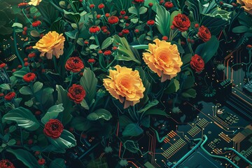 Poster - Illustration of colorful flowers blooming on a computer motherboard, blending nature with technology. Generative AI