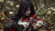 Mysterious woman wearing a black hood and playing the violin in the forest wallpaper AI generated image