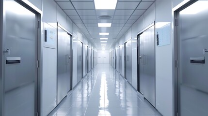 Wall Mural - A look down the aisle of fridges in a clean white ward