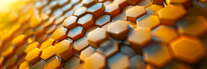 A close up of a wall with a colored background with a yellow and blue light, Modern hexagon honeycomb gold effect