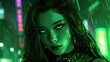 Cool gothic anime style woman with dark hair in neon green Background wallpaper AI generated image