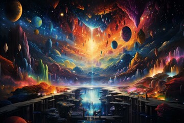 Wall Mural - Surreal digital artwork of a vibrant universe, featuring planets, stars, and nebulae over a mystical landscape