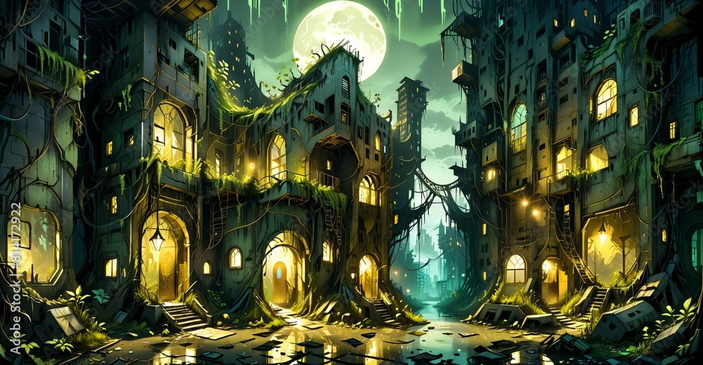 Gothic elven fantasy cyberpunk city palace under moon at night. Street ...