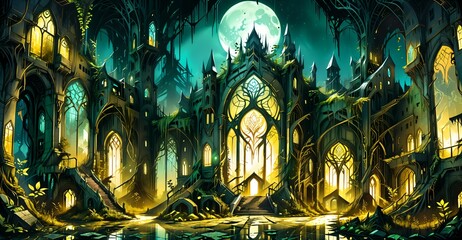 Gothic elven fantasy cyberpunk city palace under moon at night. Street view art nuevo post apocalyptic town ruins. Blue and yellow lighting landscape.