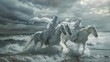 Group of mysterious horsemen in white robes are passing along the coast wallpaper AI generated image