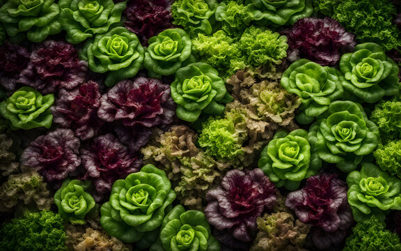 Aerial view of a patch of lettuce, various types, garden fresh