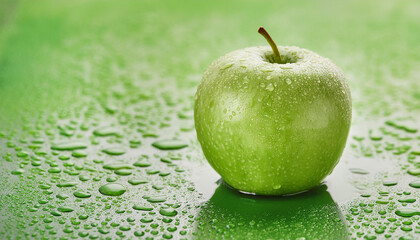 Wall Mural - Fresh apple on wet surface. Tasty citrus fruit. Organic and healthy. Green background.