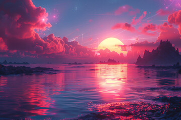 background image, sun reflected on the rippling surface  sea, pink clouds, with many mountainous islands, for monitors 3:2